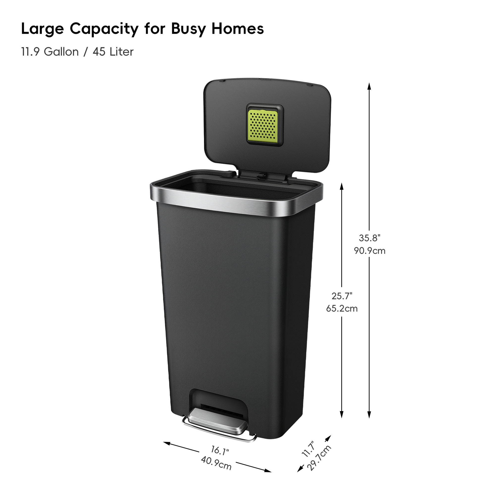 HANA 45L/ 11.9 Gallon Plastic Resin Step Kitchen Trash Can-Black