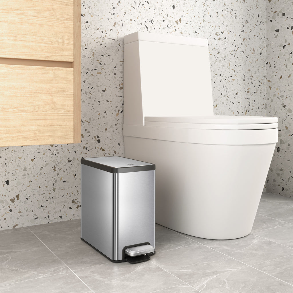 EKO EcoCasa II Slim Step Trash Can with Liner - 6L / 1.6 Gal - Matte Stainless Steel – Bathroom