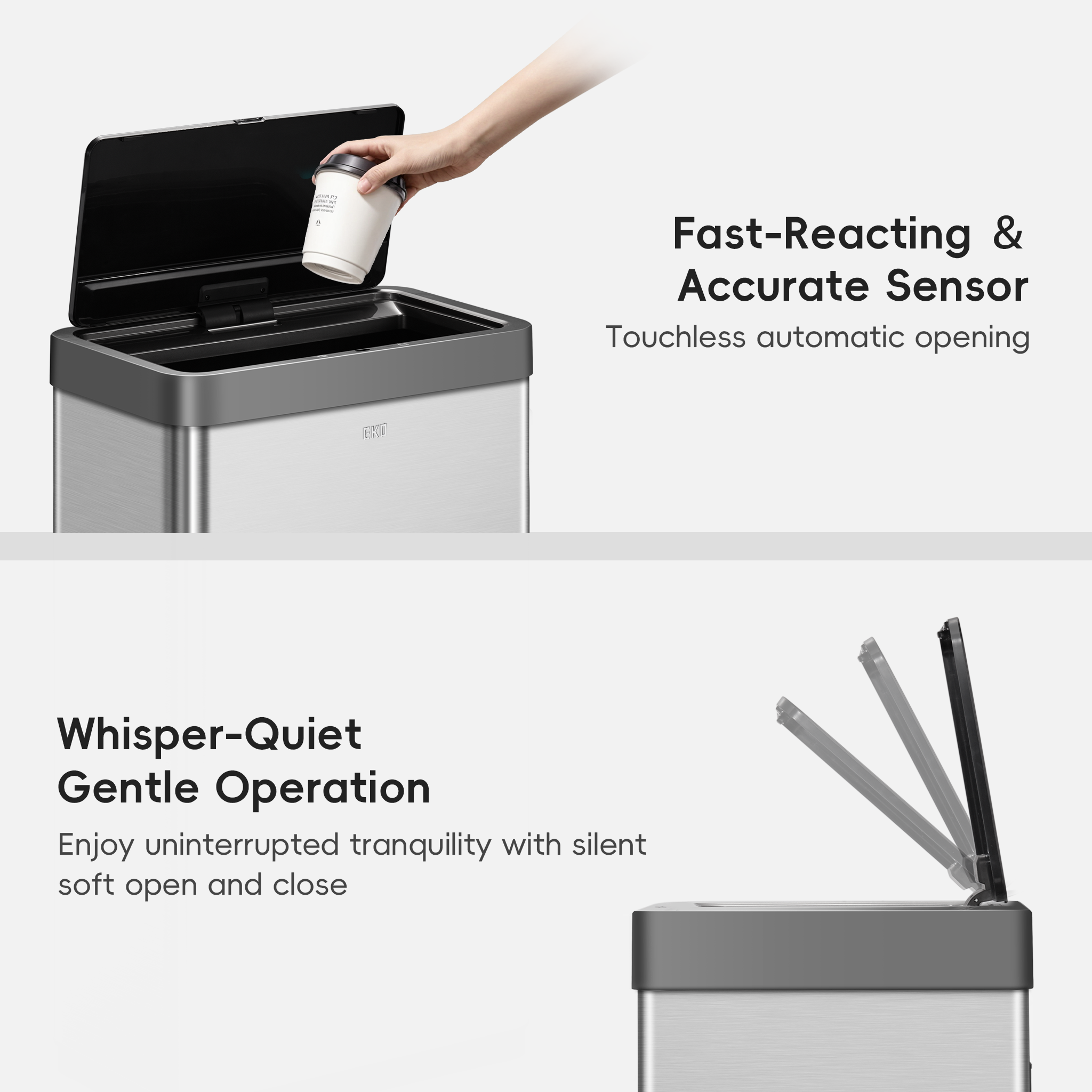 Touchless EKO trash can featuring lid sensor activation and quiet operation.