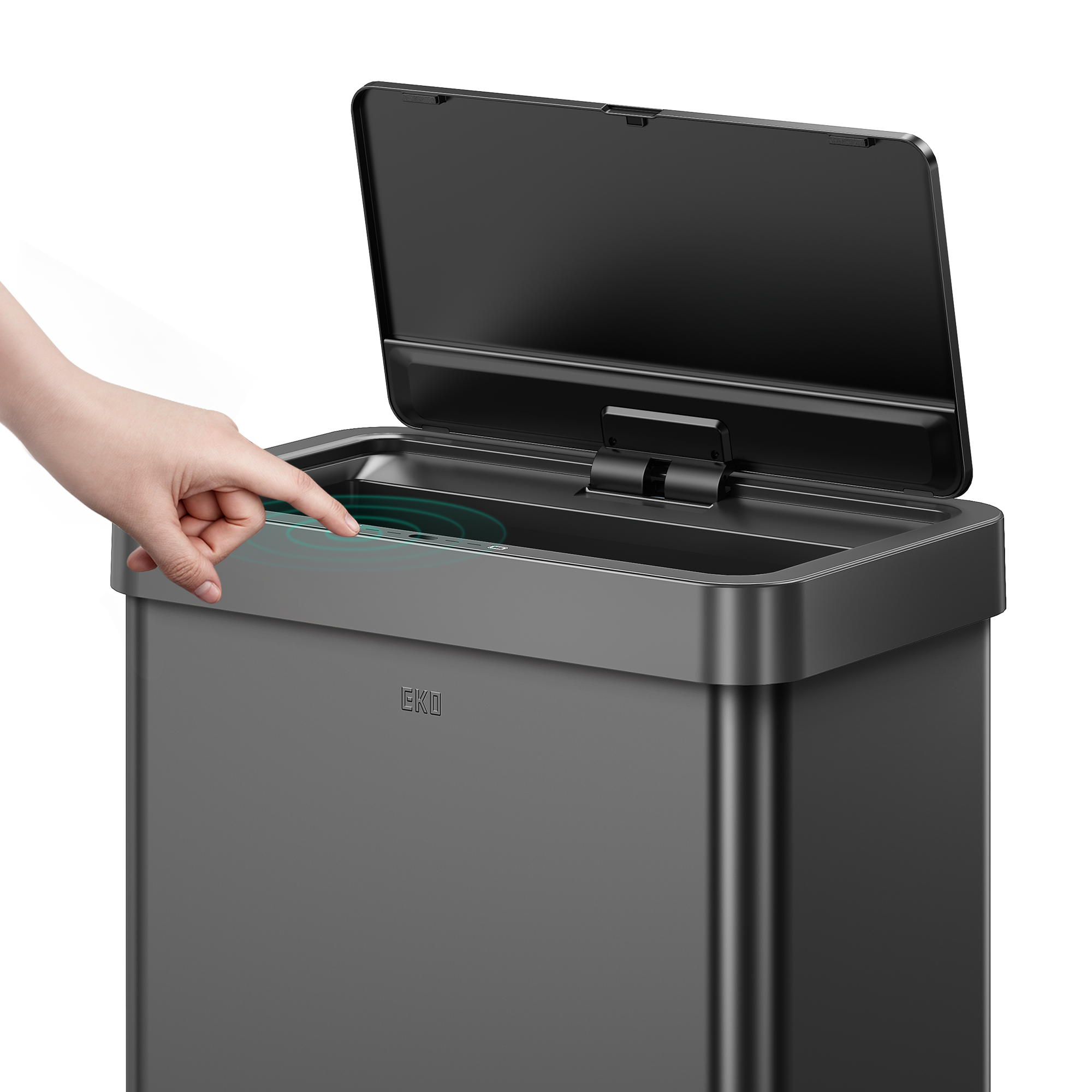 EKO Trash Can with open lid and hand pressing the "Manual Open Mode" button.