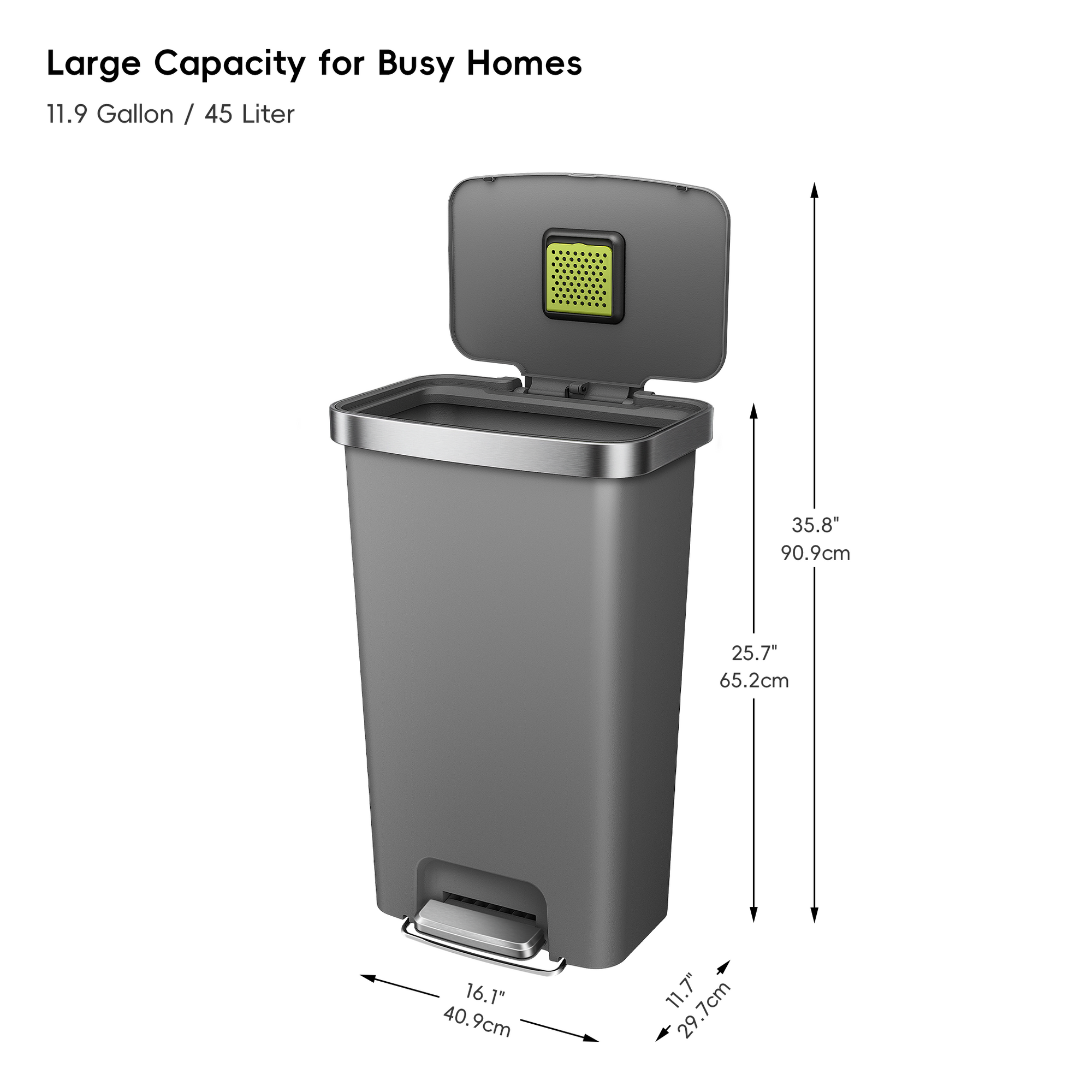 HANA 45L/ 11.9 Gallon Plastic Resin Step Kitchen Trash Can-Gray