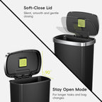 EKO trash can illustrating Silent Soft-Close Lid and Stay Open Mode.