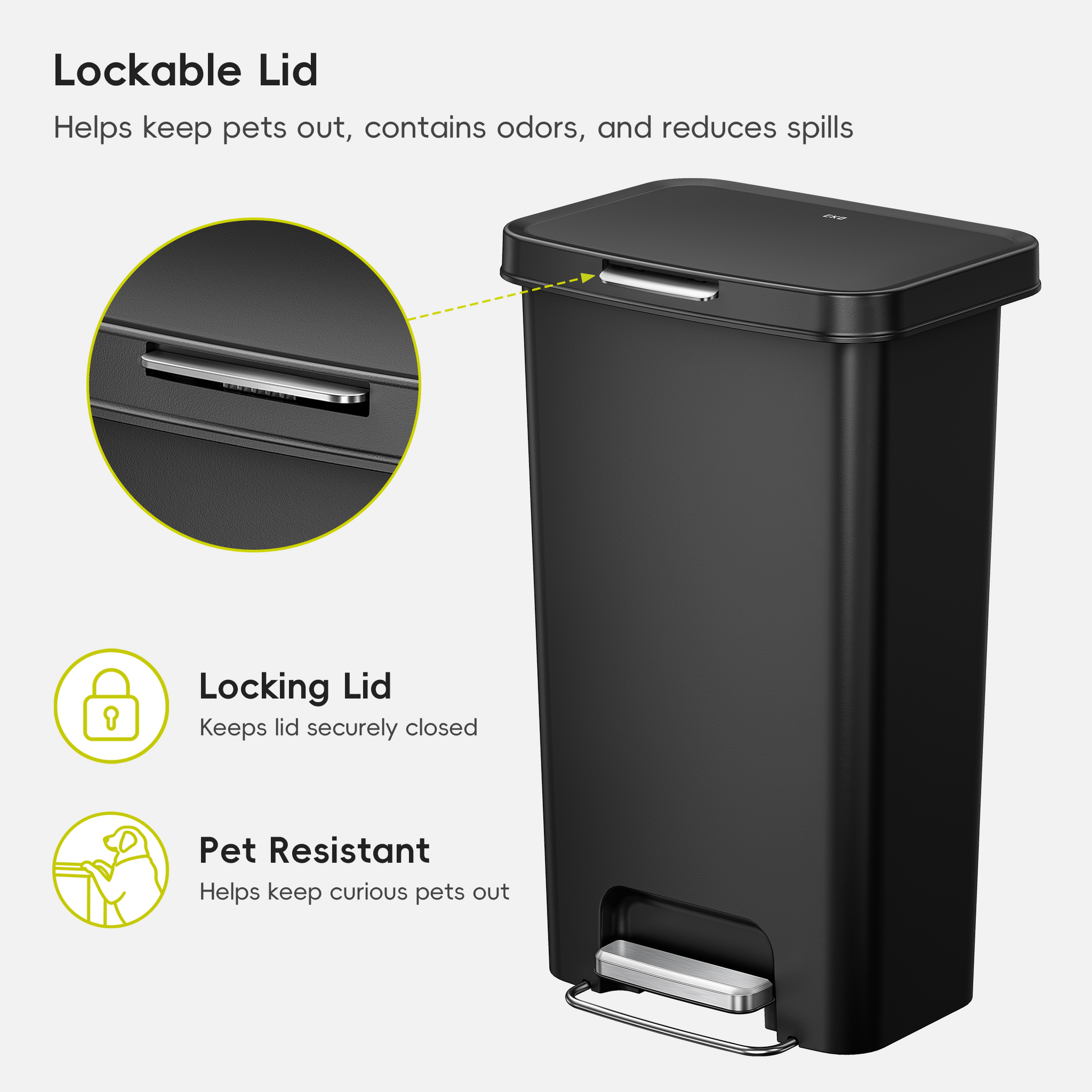 EKO 45L / 12 Gal Pet-Lock Kitchen Trash Can with Lid