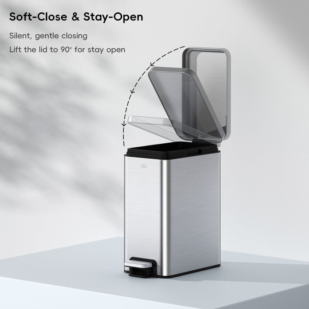EKO Stella 6 L/1.6 Gal Small Bathroom Step Trash Can - Stainless Steel – Soft-Close & Stay-Open