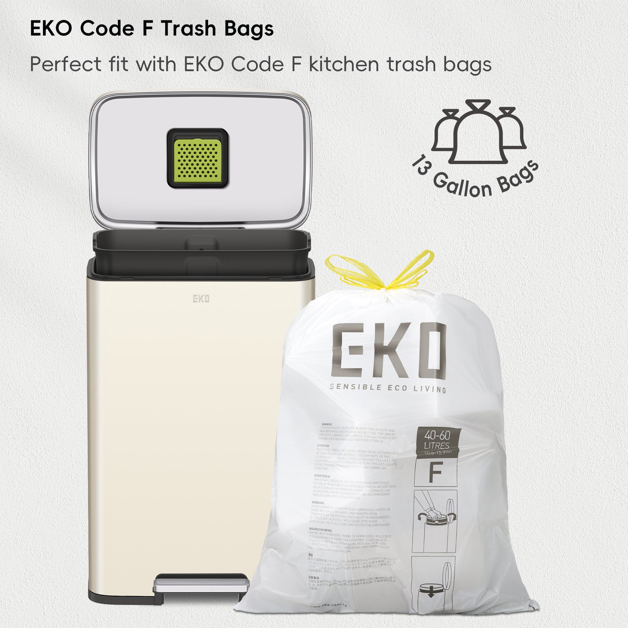 EKO Madison Vanilla Steel 50 Liter/13.2 Gallon Step Trash Can with Inner Liner – Perfect fit with EKO Code F kitchen trash bags