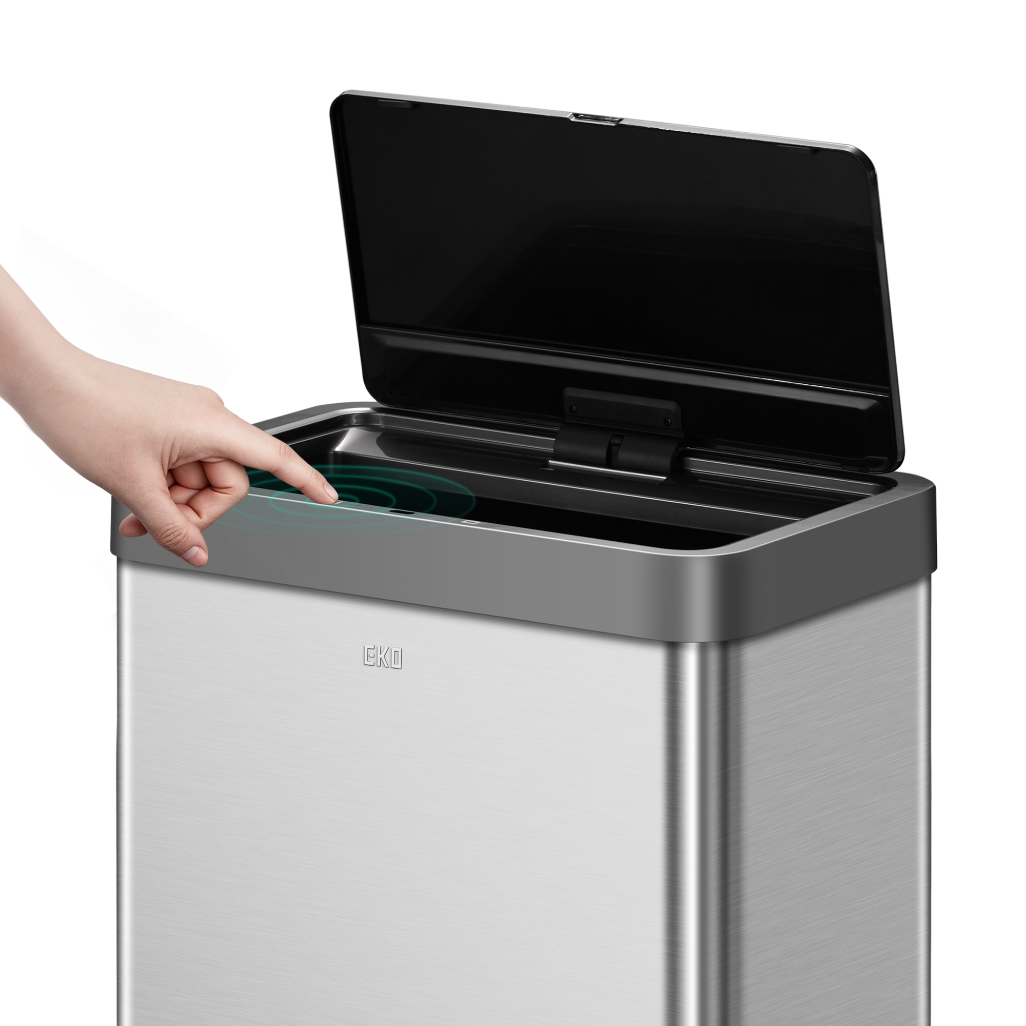 EKO Trash Can with open lid and hand reaching towards it. Manual Open Mode Keeps the lid open when you need it.