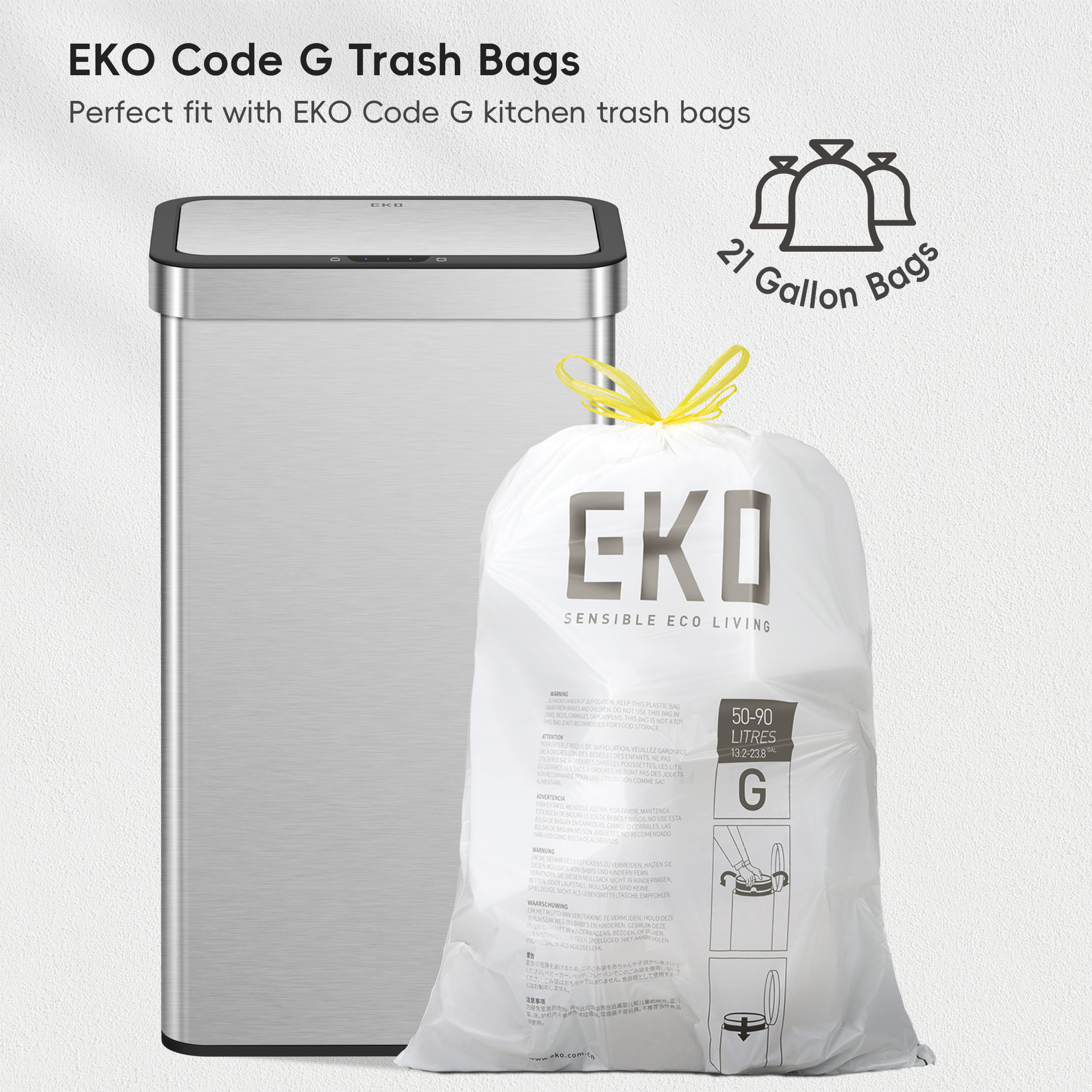 EKO Nova 21 Gallon/80 Liter Stainless Steel Motion Sensor Trash Can – Perfect fit with EKO Code G kitchen trash bags