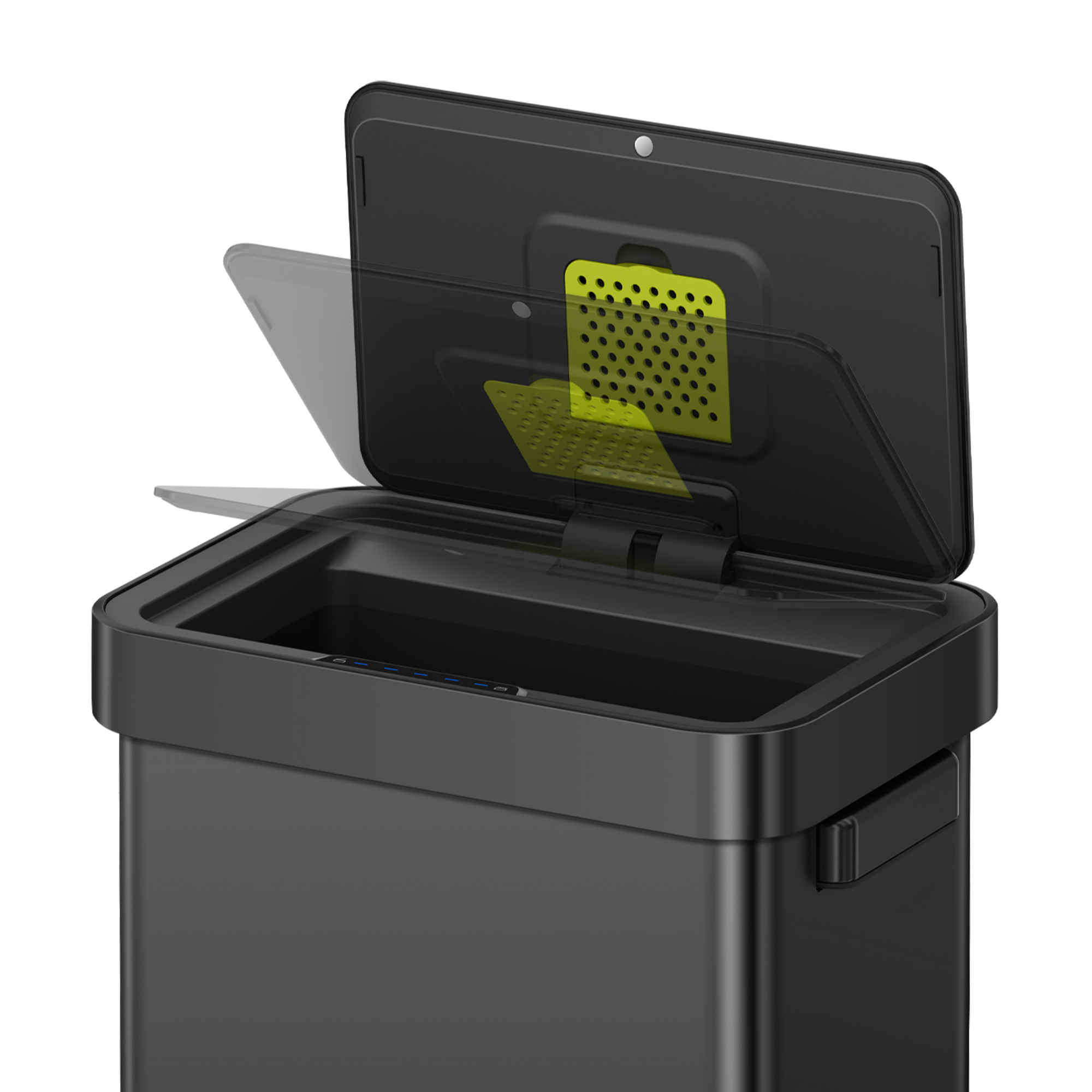 Black EKO trash can with soft close lid.