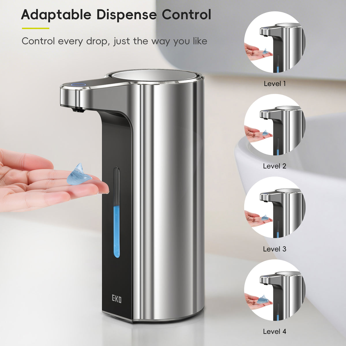 EKO Aroma Pro 13.5 fl oz Touchless Automatic Liquid Soap Dispenser-Chrome Metallic – Adaptable Dispense Control