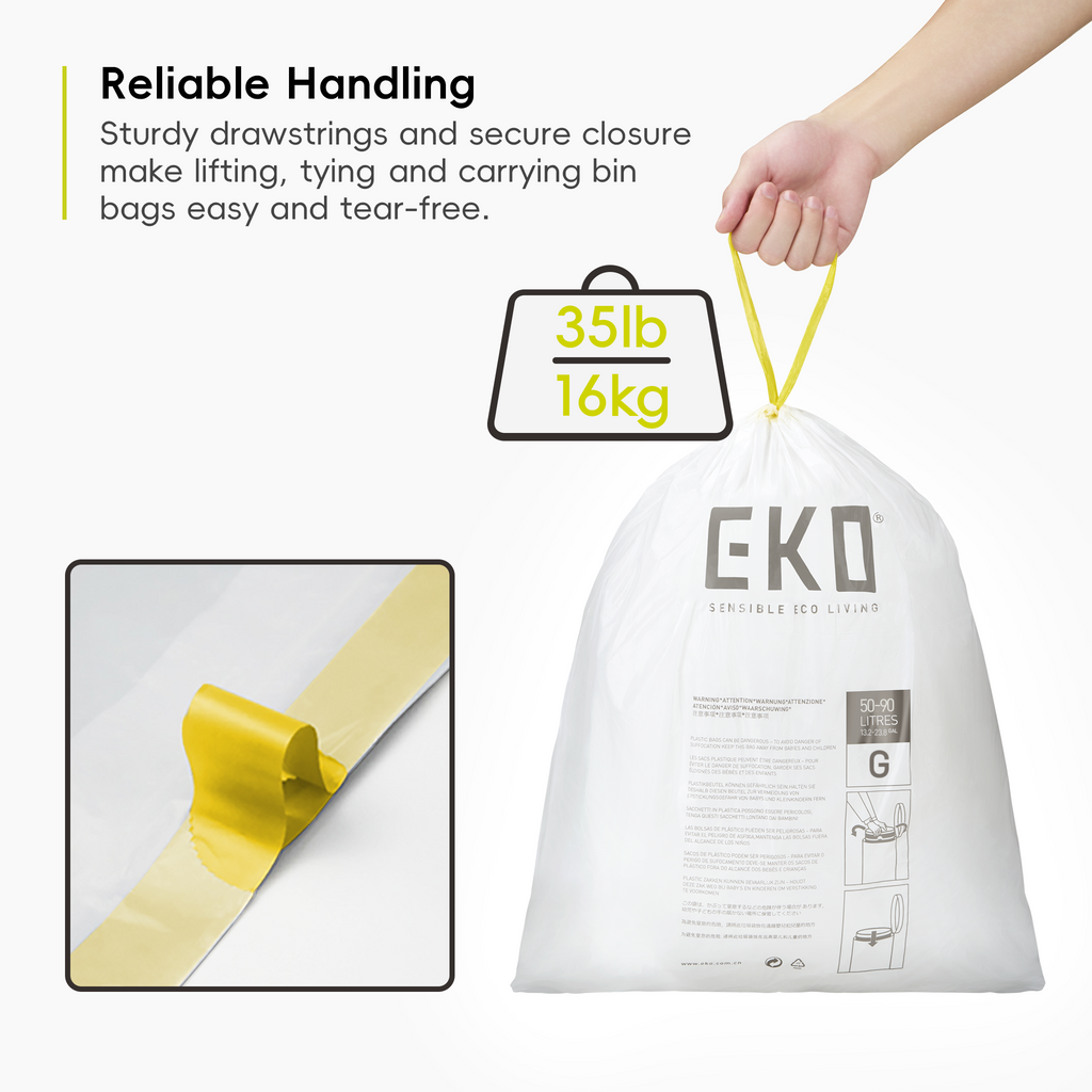 White EKO bin bag with yellow drawstring