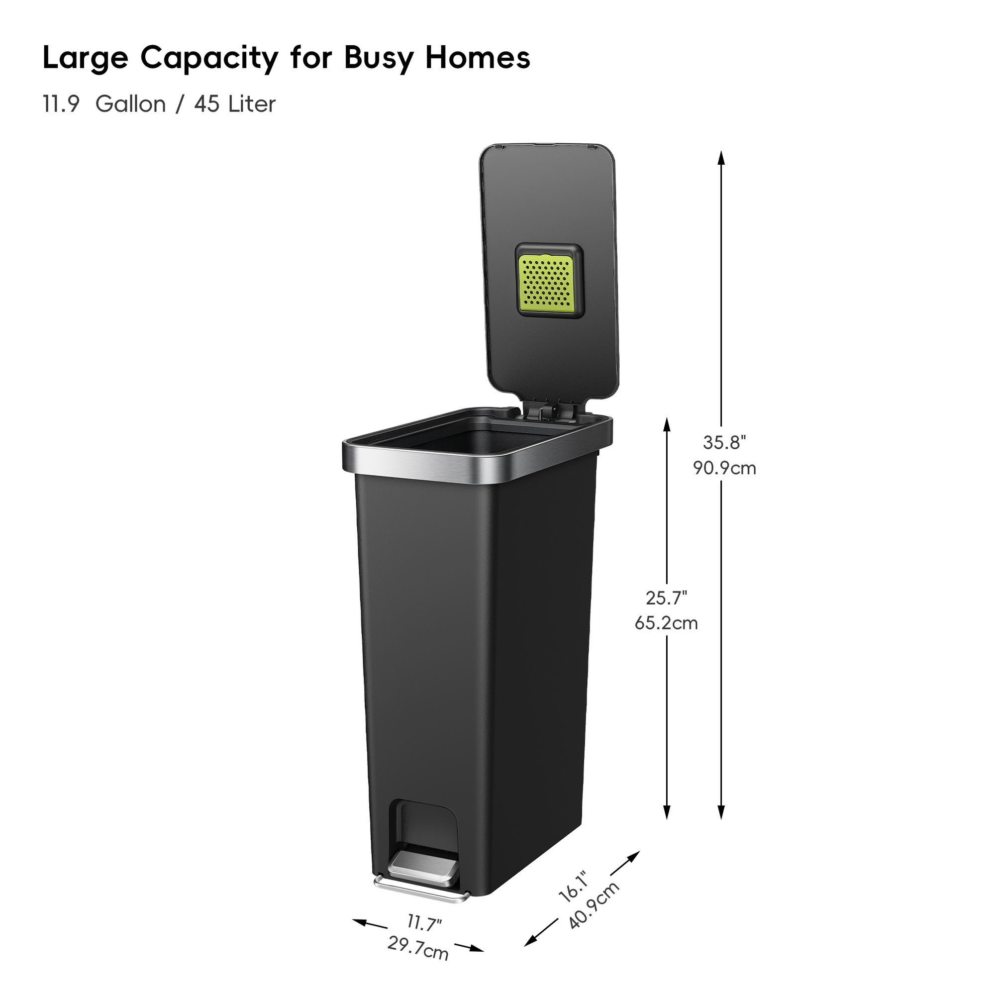 HANA Slim 40L/ 10.5 Gallon Plastic Resin Step Kitchen Trash Can-Black