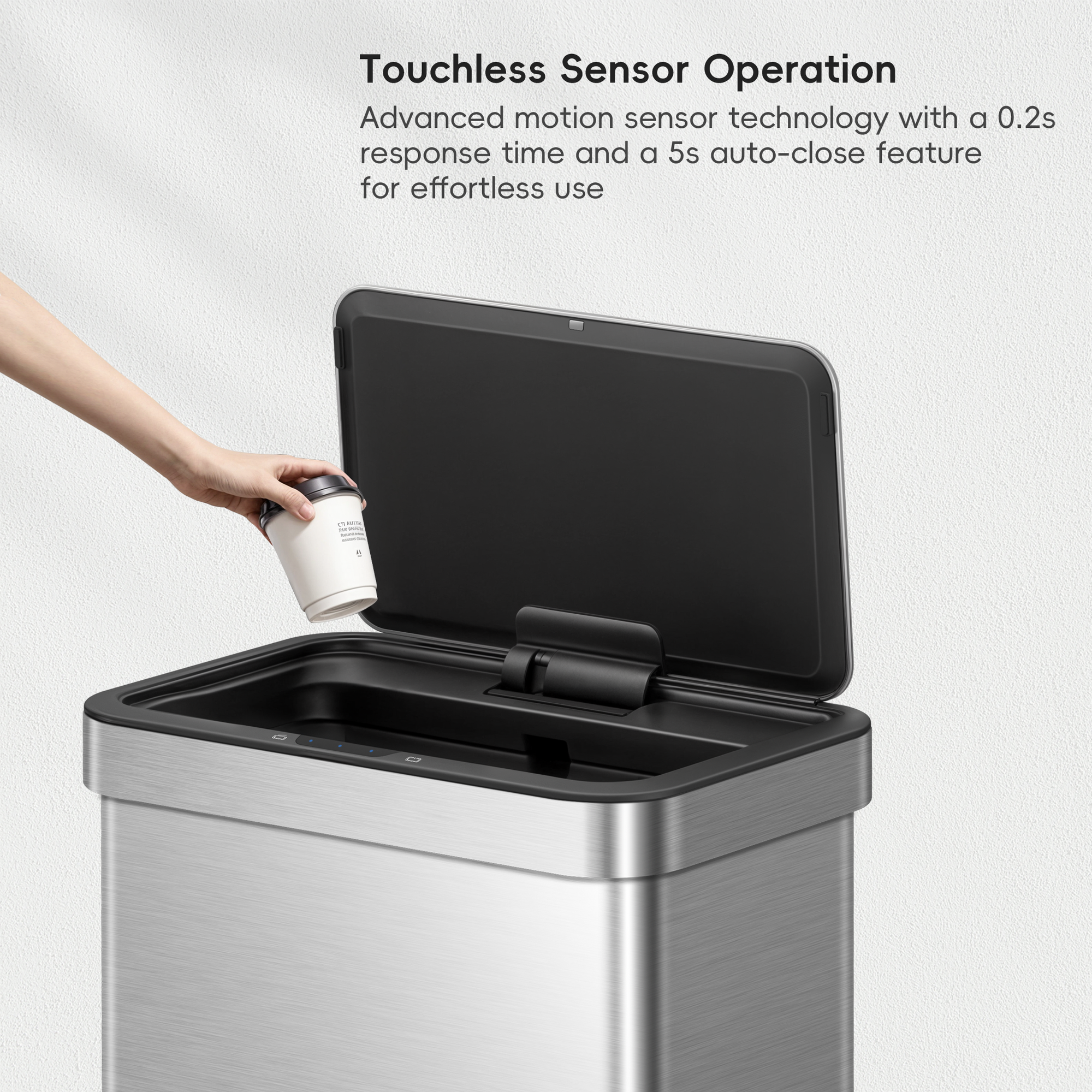 EKO Nova 21 Gallon/80 Liter Stainless Steel Motion Sensor Trash Can – Touchless Sensor Operation - Advanced motion sensor technology with a 0.2s response time and a 5s auto-close feature for effortless use