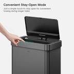 A hand interacts with an EKO trash can lid. Text labels this process: "Convenient Stay-Open Mode Just a simple touch to stay open for convenient tossing during longer tasks."