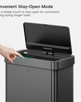 A hand interacts with an EKO trash can lid. Text labels this process: "Convenient Stay-Open Mode Just a simple touch to stay open for convenient tossing during longer tasks."