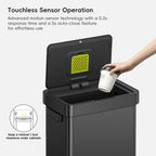 A hand places a paper cup into EKO trash can featuring a touchless sensor. Text reads: "Touchless Sensor Operation. Advanced motion sensor technology with a 0.2s response time and a 5s auto-close feature for effortless use. Keep a minimal 1 foot clearance under cabinets."