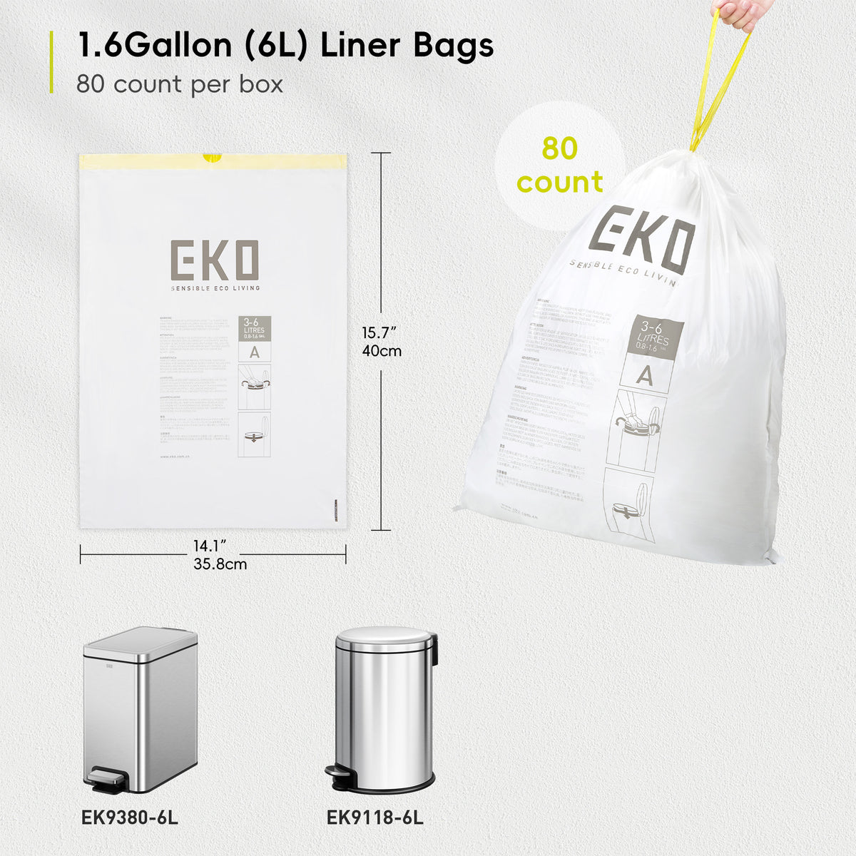 EKO Code A - 1.6 Gallon Easy-Dispense Roll Trash Bag - 80 Count (3-6L) – Perfect Fit for EK9380-6L, EK9118-6L
