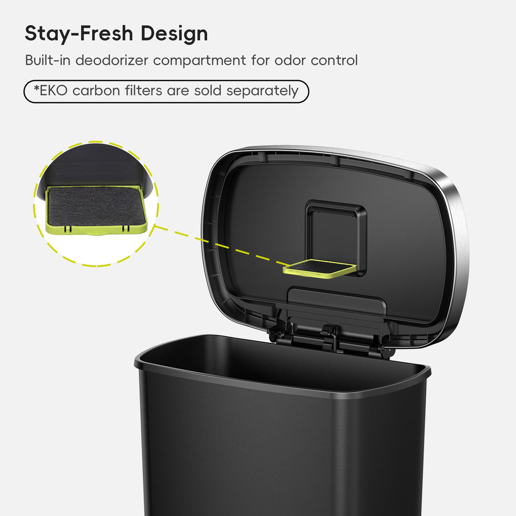 EKO Trash Can Featuring Stay-Fresh Design with Built-in deodorizer compartment for odor control.
