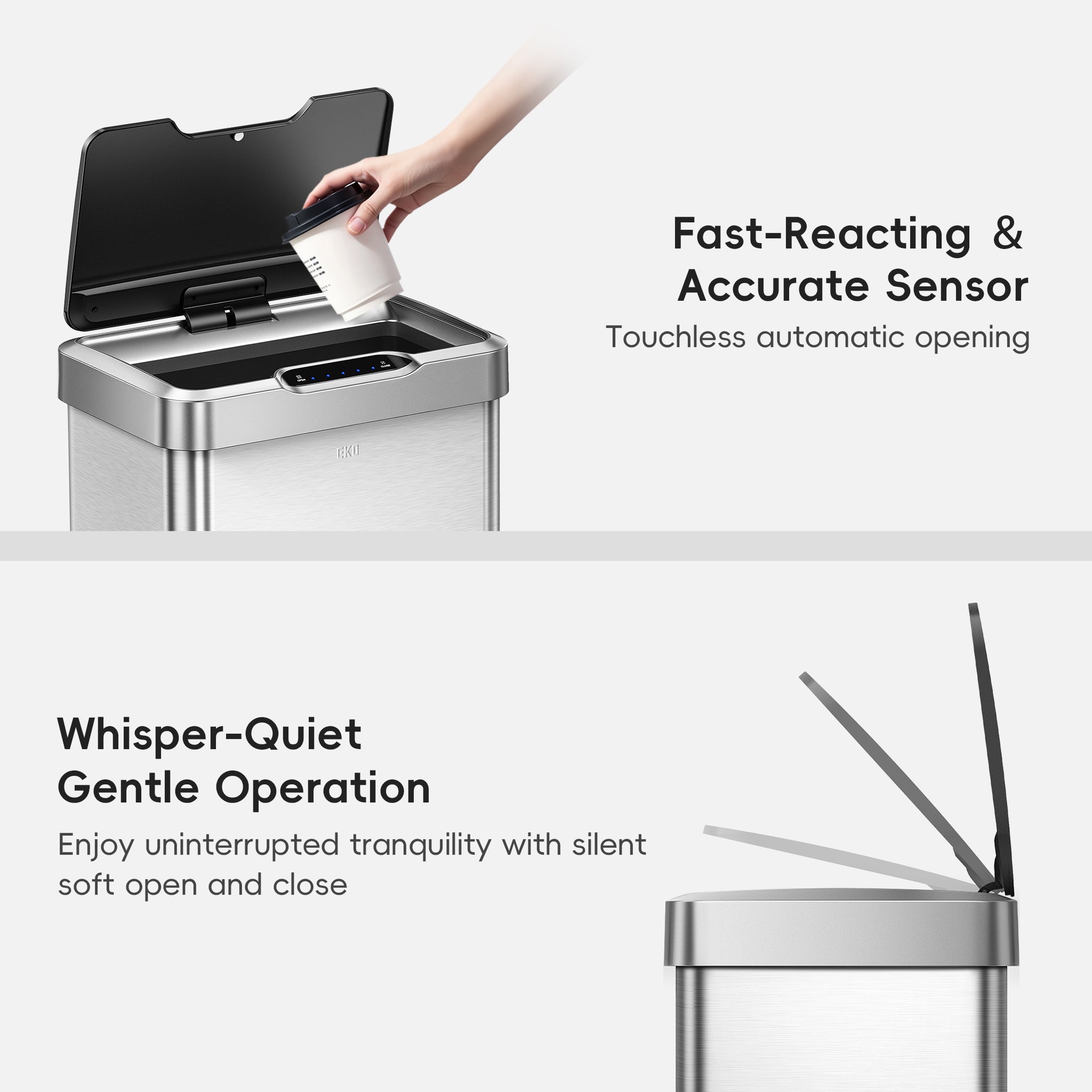 Touchless EKO trash can featuring lid sensor activation and quiet operation.