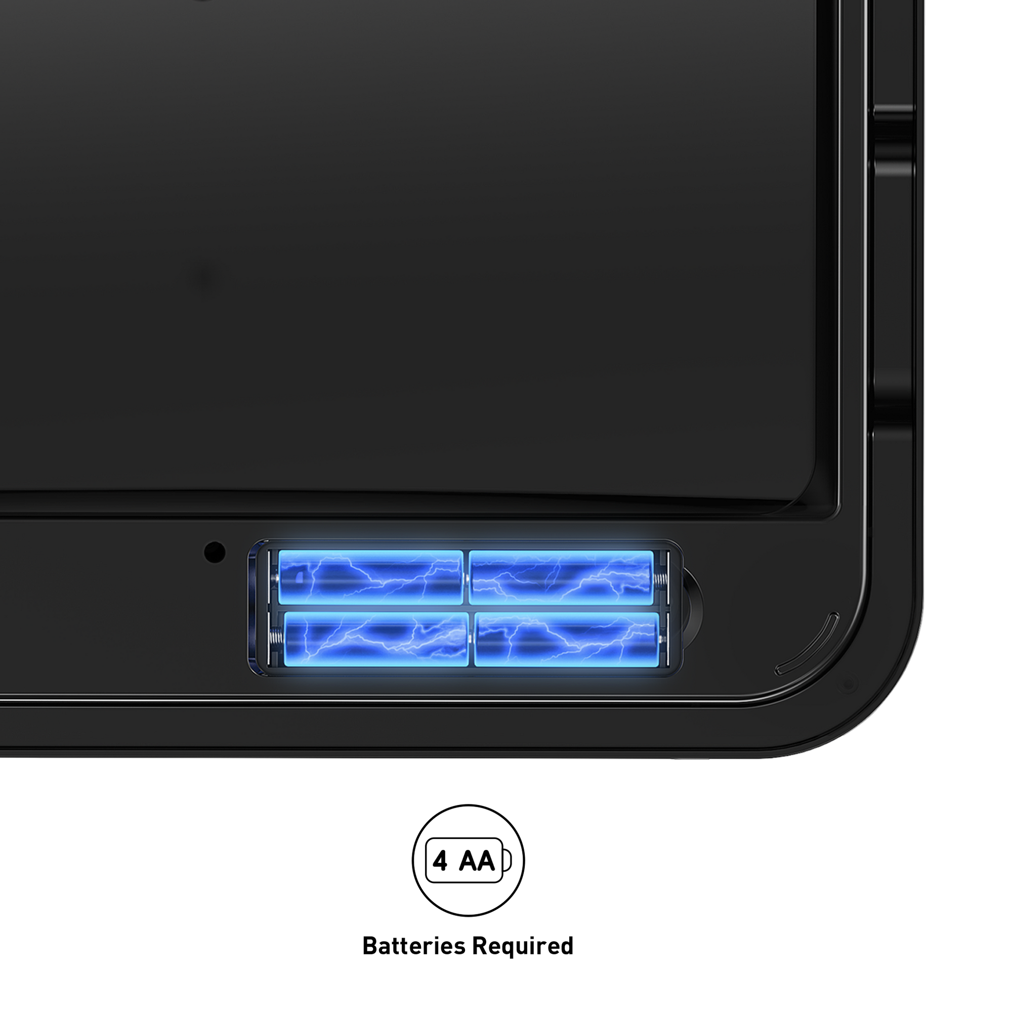 Battery compartment of an EKO Trash Can with '4 AA Batteries Required' text. Ultra Power-Efficient 8-month performance with only 4 AA alkaline batteries.