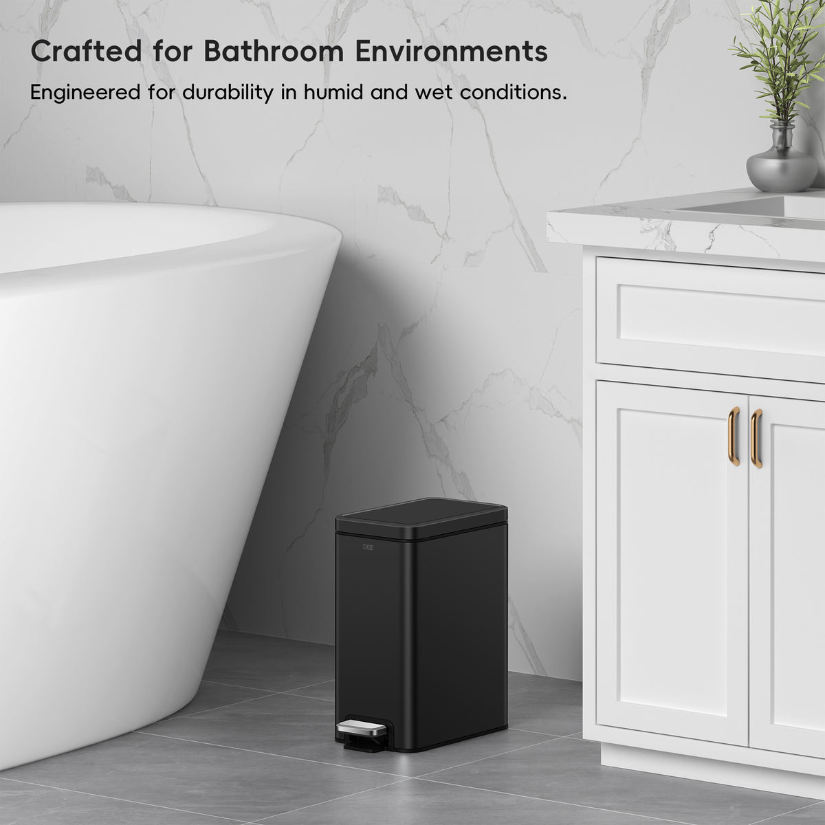 EKO Stella 6 L/1.6 Gal Small Bathroom Step Trash Can - Matte Black – Crafted for Bathroom Environments - Engineered for durability in humid and wet conditions