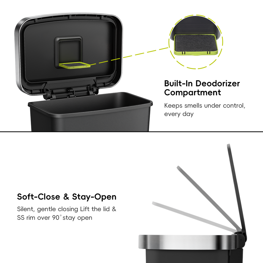EKO HANA 45L/ 11.9 Gallon Plastic Resin Step Kitchen Trash Can-Black – Built-ln Deodorizer Compartment – Soft-Close & Stay-Open