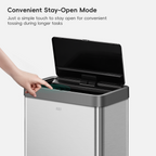 EKO Trash Can with open lid and hand pressing the "Stay Open Mode" button.