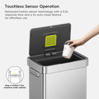 A hand places a paper cup into EKO trash can featuring a touchless sensor. Text reads: "Touchless Sensor Operation. Advanced motion sensor technology with a 0.2s response time and a 5s auto-close feature for effortless use. Keep a minimal 1 foot clearance under cabinets."