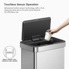 A hand places a paper cup into EKO Trash Can featuring a touchless sensor. Text reads: "Touchless Sensor Operation. Advanced motion sensor technology with a 0.2s response time and a 5s auto-close feature for effortless use. Keep a minimal 1 foot clearance under cabinets."