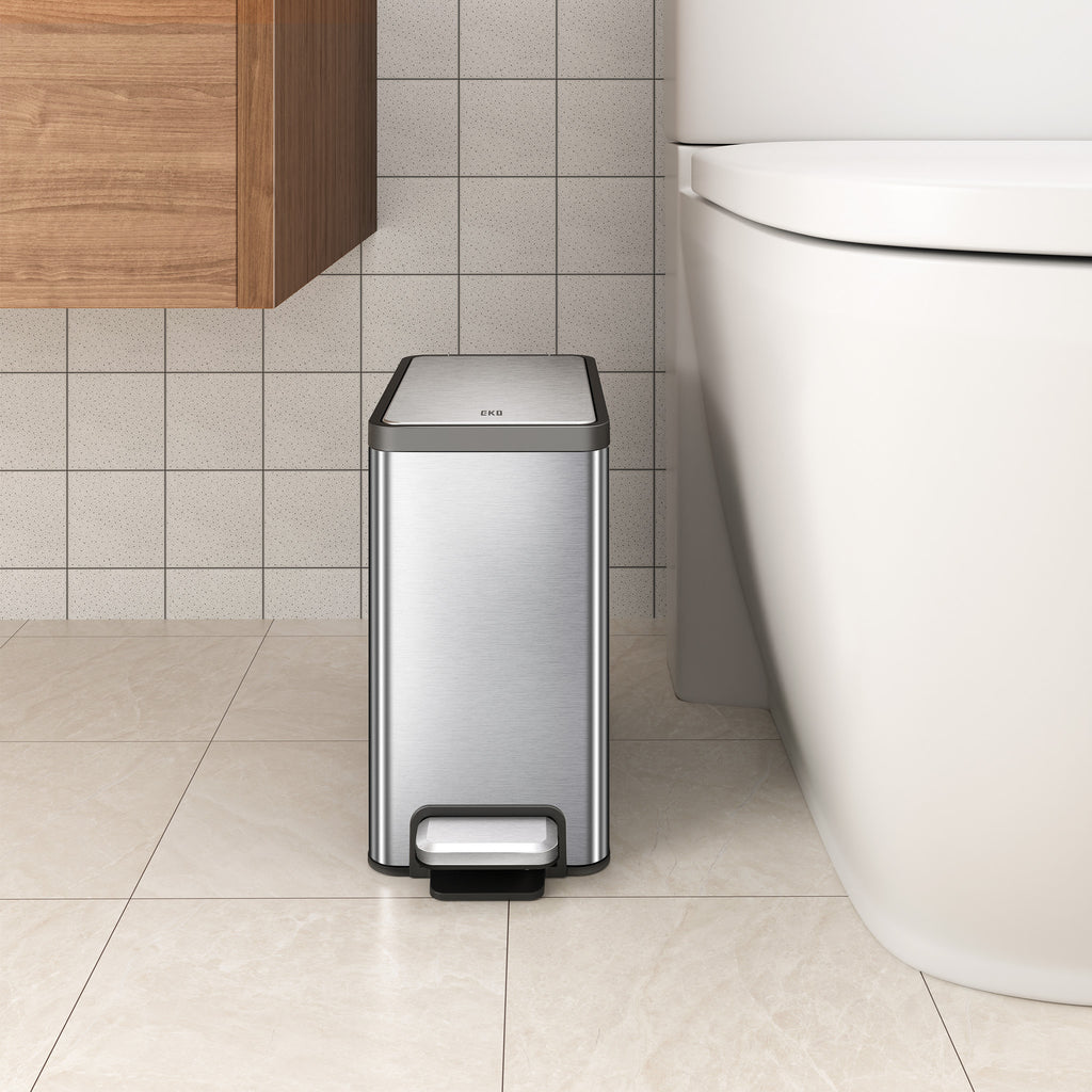 EKO EcoCasa II Slim Step Trash Can with Liner - 6L / 1.6 Gal - Matte Stainless Steel – Next to Toilet