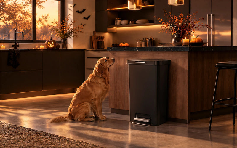 A golden retriever sits on a kitchen floor beside a black rectangular trash can with a foot pedal, in a warmly lit modern kitchen with wood cabinets and autumn decor.