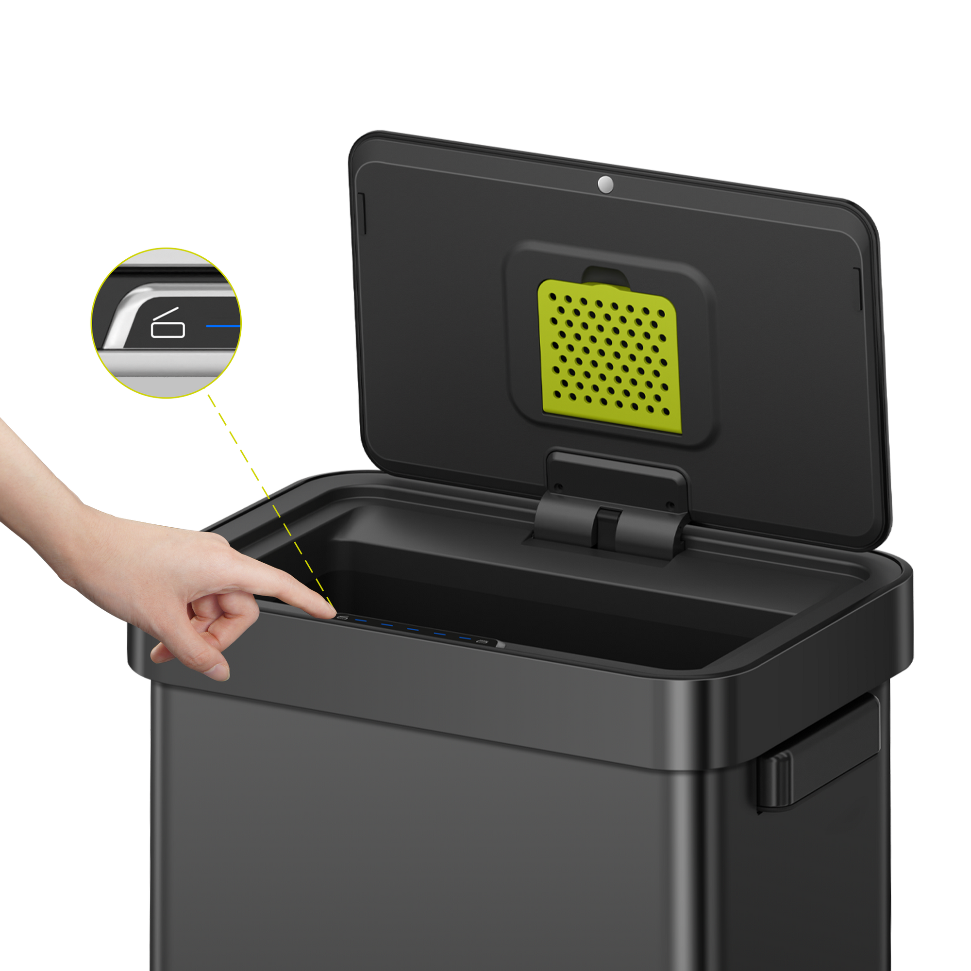 EKO Trash Can with open lid and hand reaching towards it. Manual Open Mode Keeps the lid open when you need it.