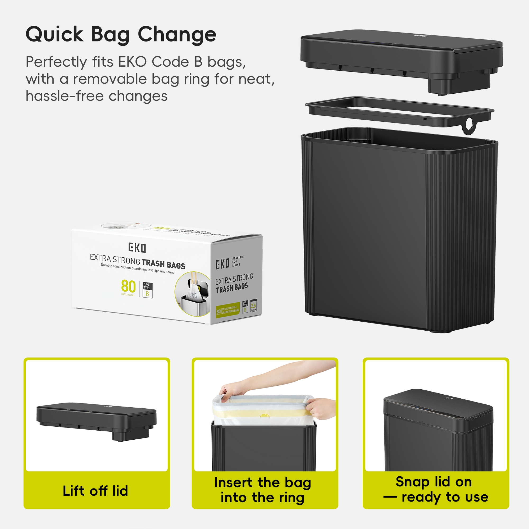 Brio 10L / 2.6 Gallon in Black Compact Design Motion Sensor Trash Can