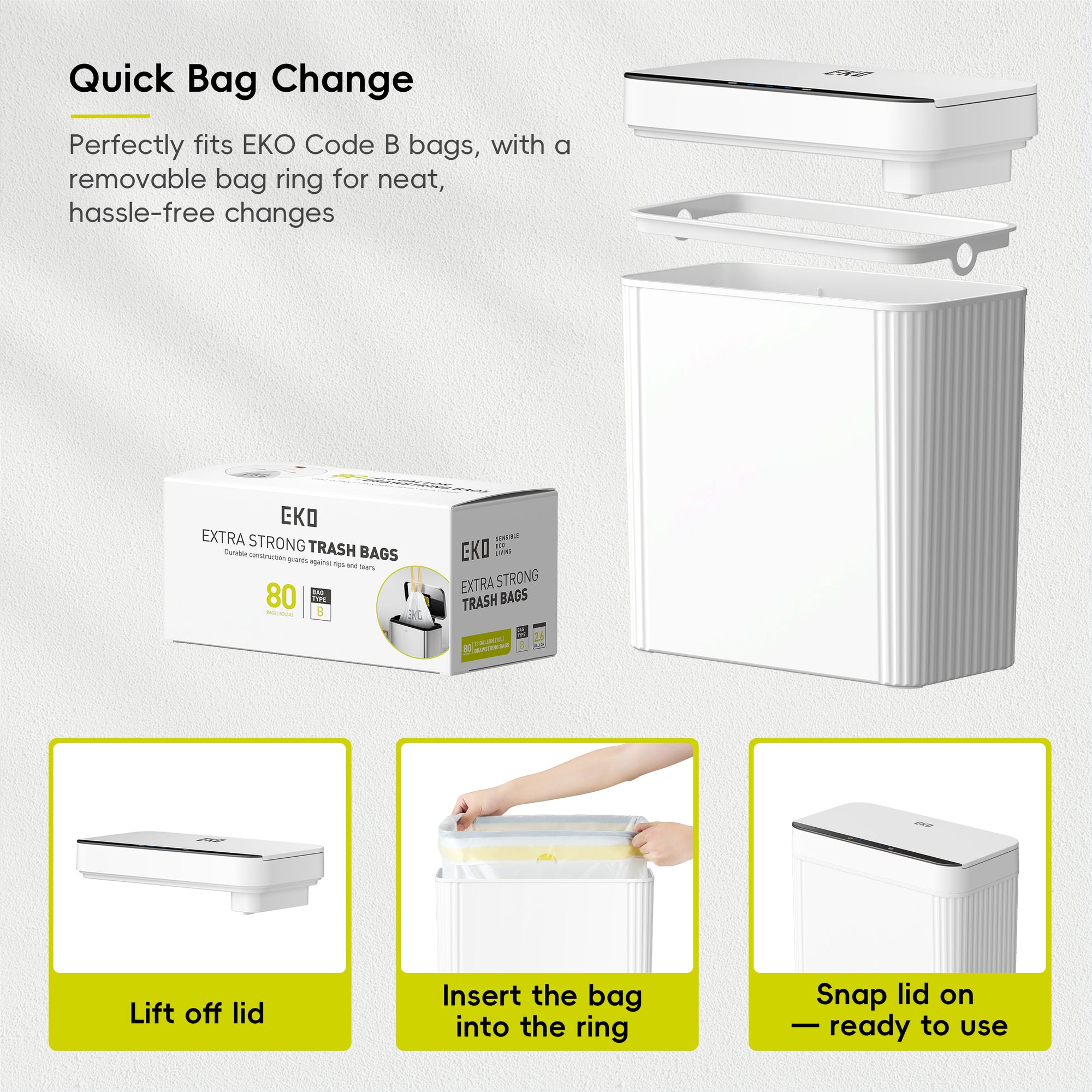 Brio 10L / 2.6 Gallon in White Compact Design Motion Sensor Trash Can