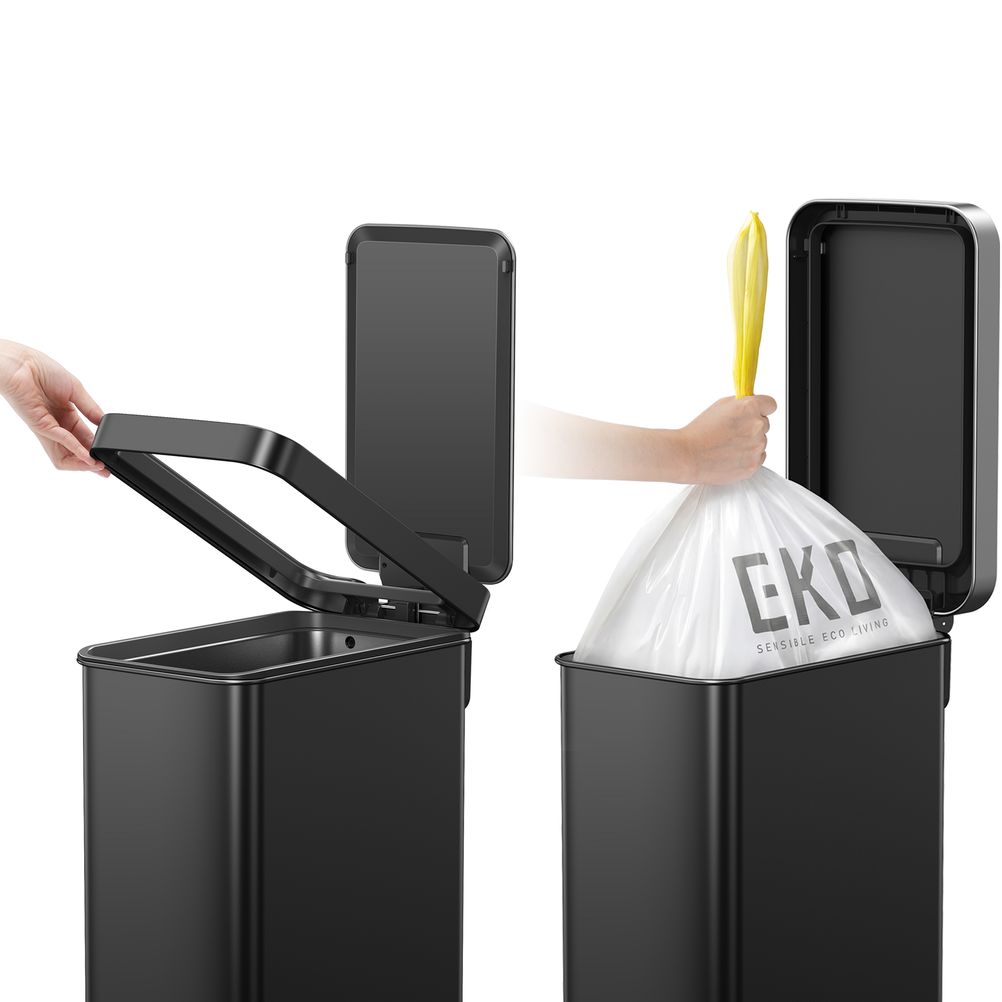 EKO Slim Trash Can Illustrating Convenient Stay-Open Feature - Keeps the lid open when you need it.