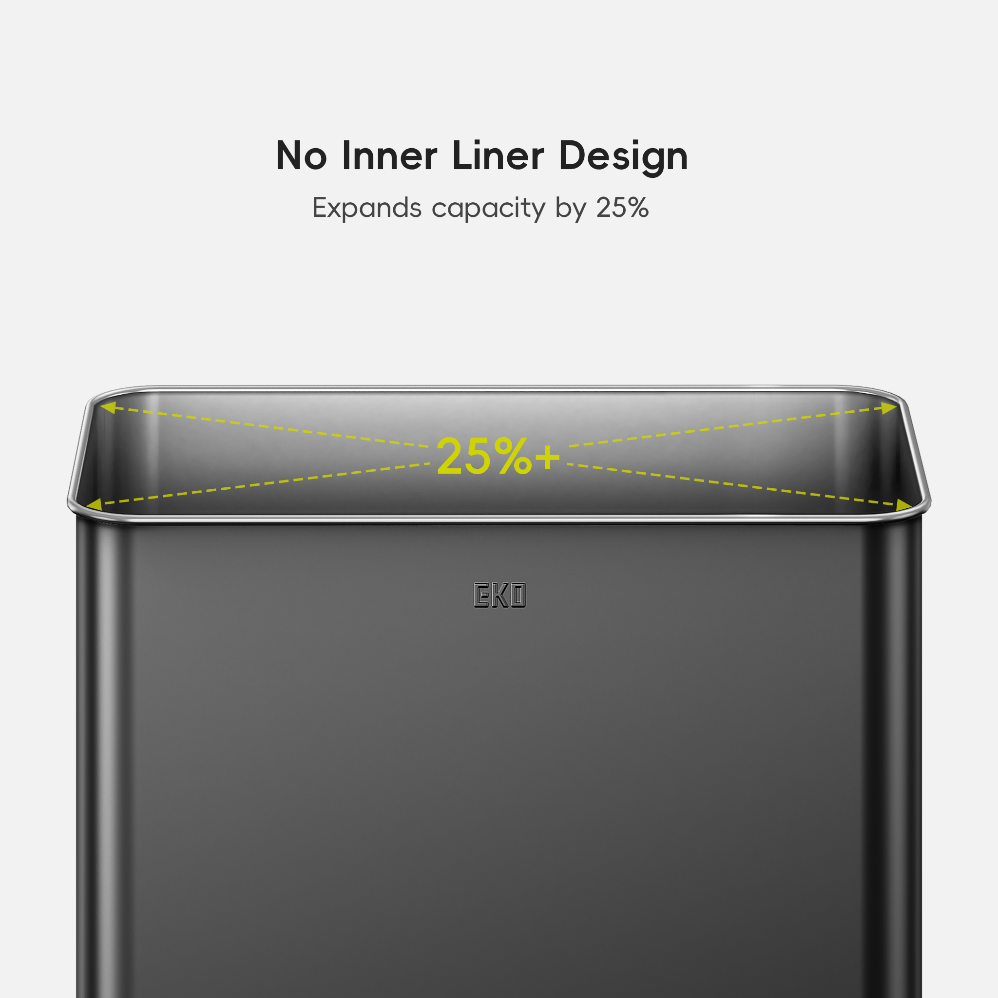 No internal liner expands trash can capacity by 25%.