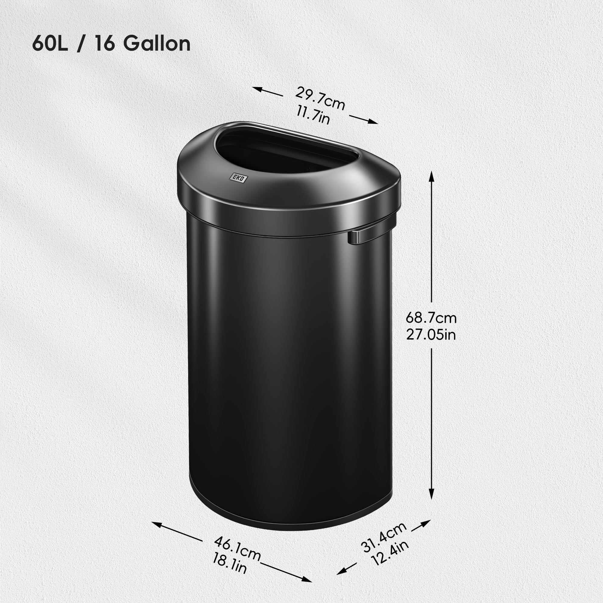 Urban Semi-Round Open Top Can Commercial Grade – 60L / 16 Gal-Matte Black