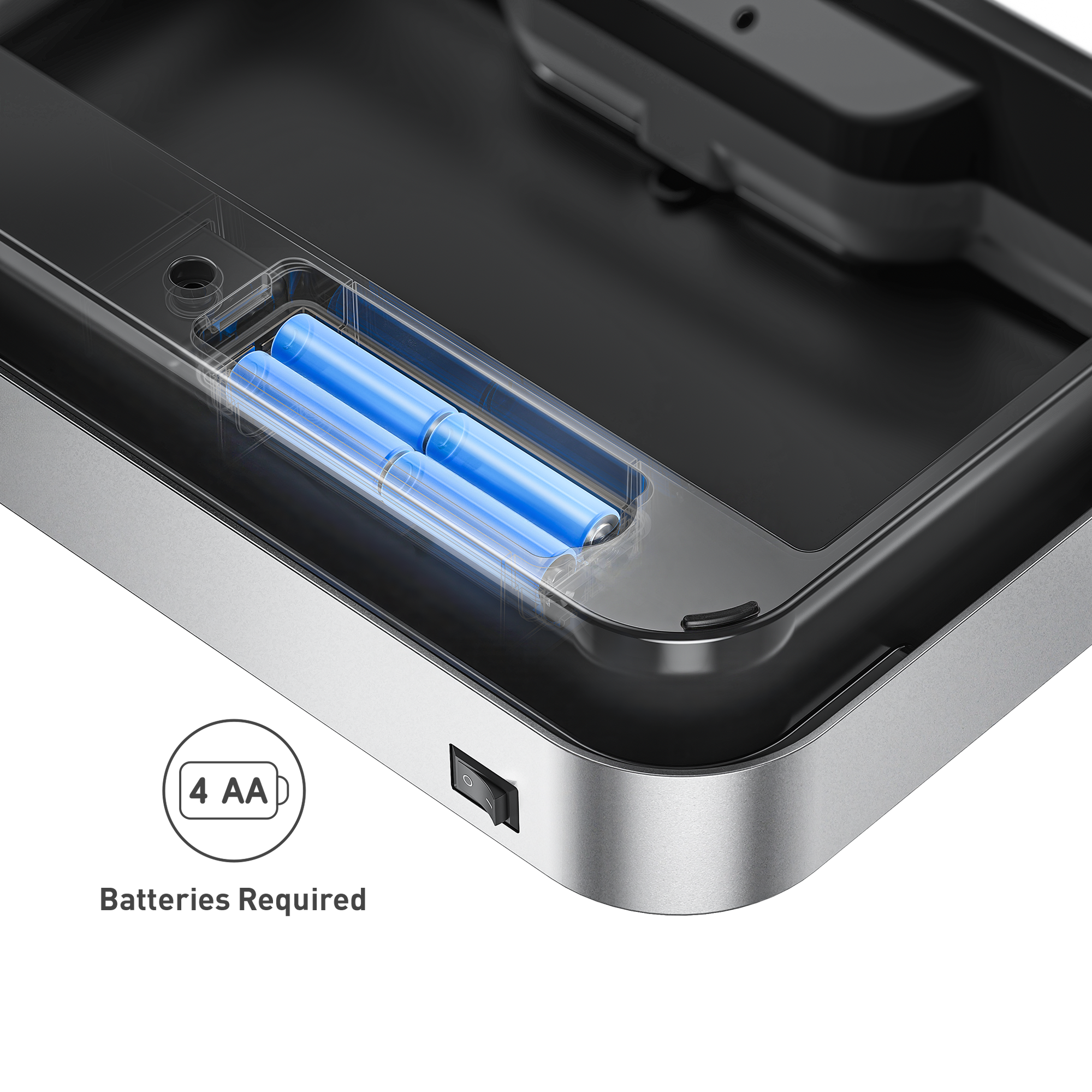 Battery compartment of an EKO Trash Can with '4 AA Batteries Required' text. Ultra Power-Efficient 8-month performance with only 4 AA alkaline batteries.