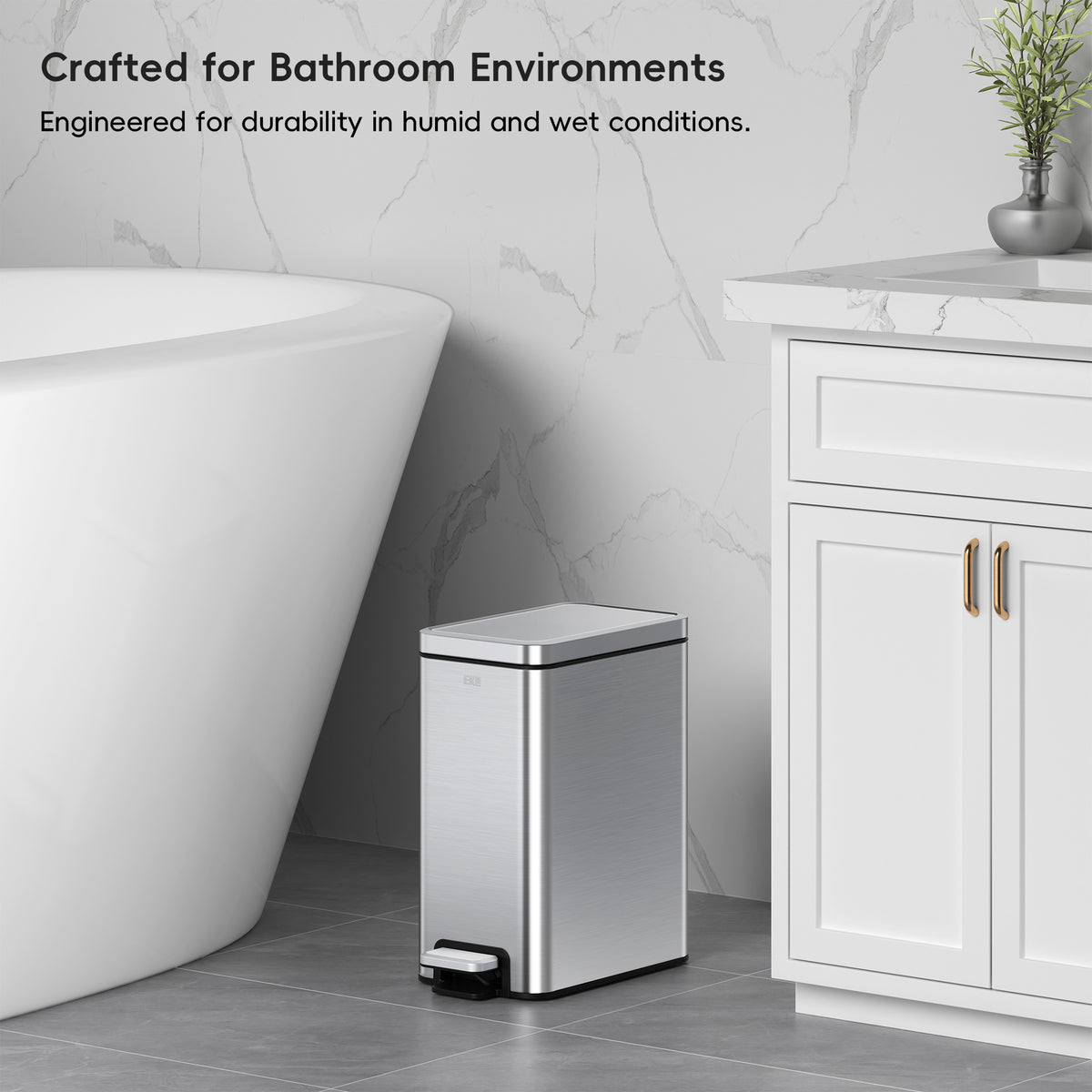 EKO Stella 10 L/2.6 Gal Small Bathroom Step Trash Can - Stainless Steel – Crafted for Bathroom Environments