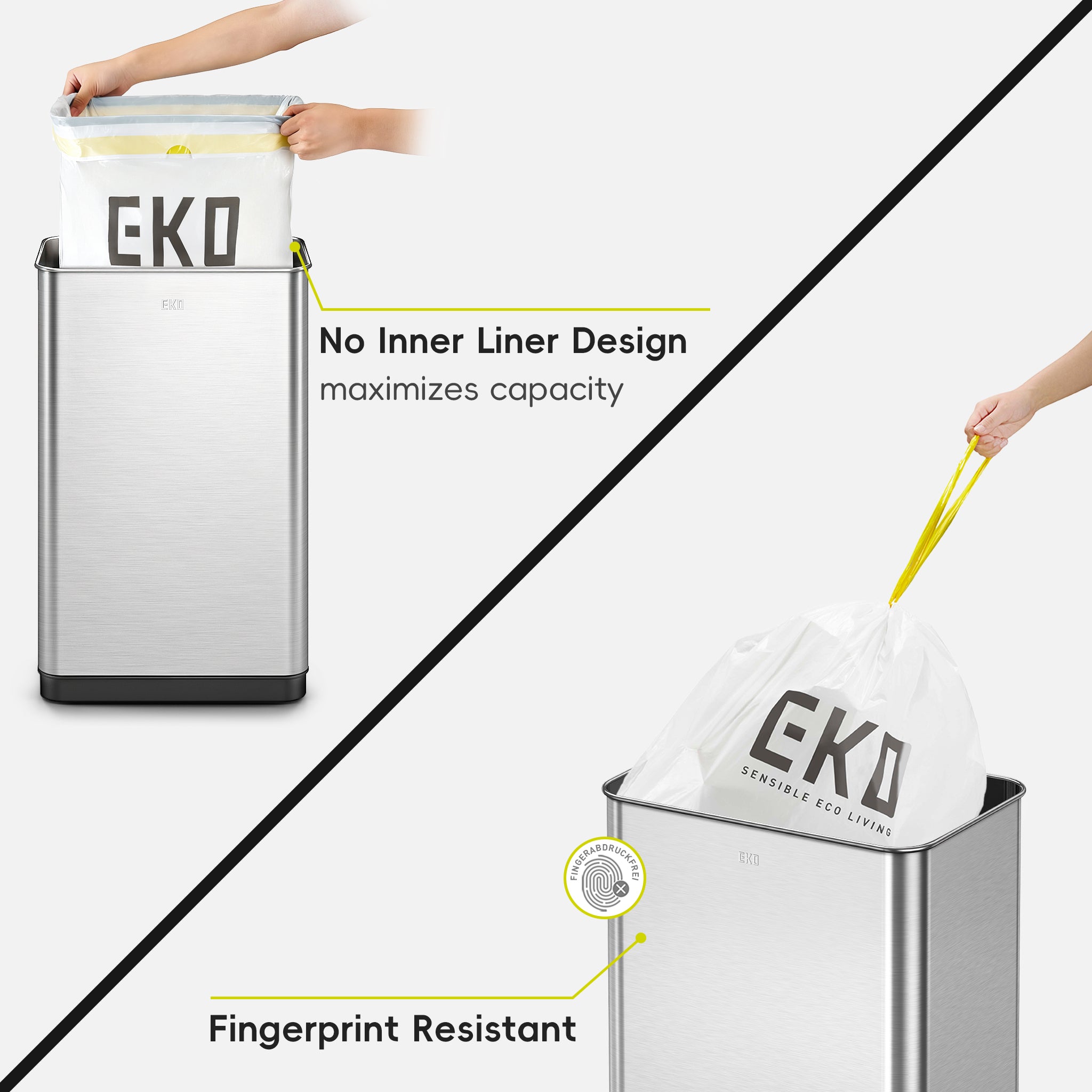 EKO trash can illustrating liner showing no inner liner design and fingerprint resistance features.