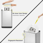 EKO trash can illustrating liner showing no inner liner design and fingerprint resistance features.