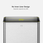 EKO trash can with text indicating no inner liner design and capacity expansion by 25%.