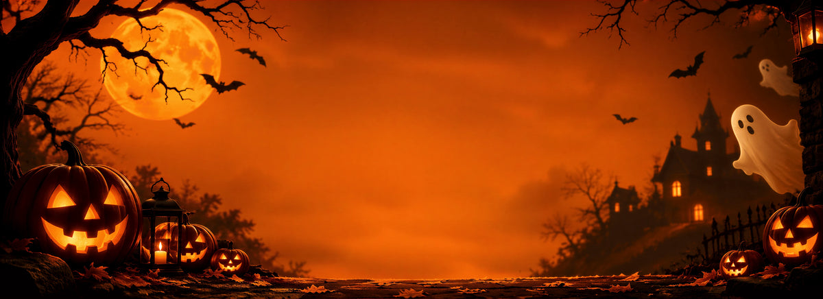 Halloween night scene with glowing jack-o'-lantern pumpkins, bats, a ghost, a haunted house, bare trees, and a large orange full moon against an orange sky.