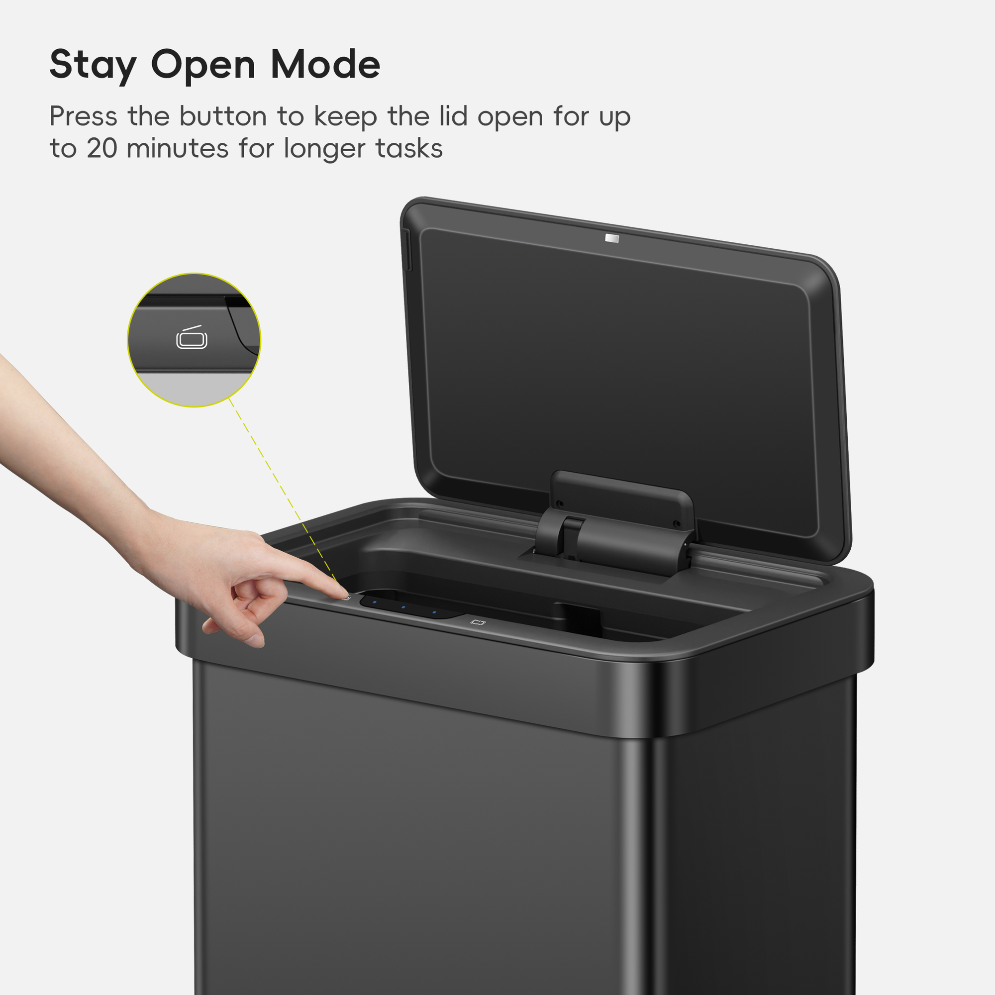 EKO Trash Can with open lid and hand pressing the "Stay Open Mode" button.