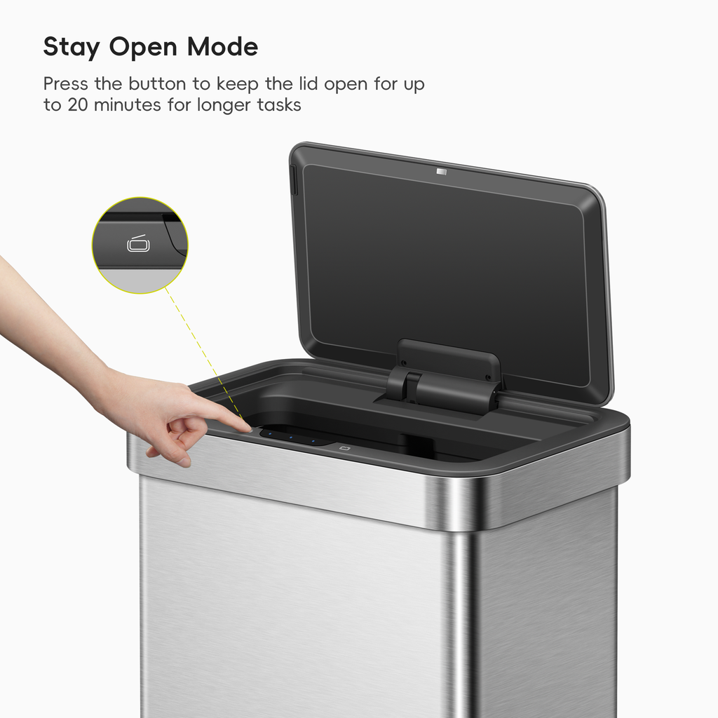 A hand interacts with trash can lid. Text labels this process: "Stay Open Mode. Press the button to keep the lid open for up to 20 minutes for longer tasks."