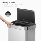 A hand interacts with trash can lid. Text labels this process: "Stay Open Mode. Press the button to keep the lid open for up to 20 minutes for longer tasks."