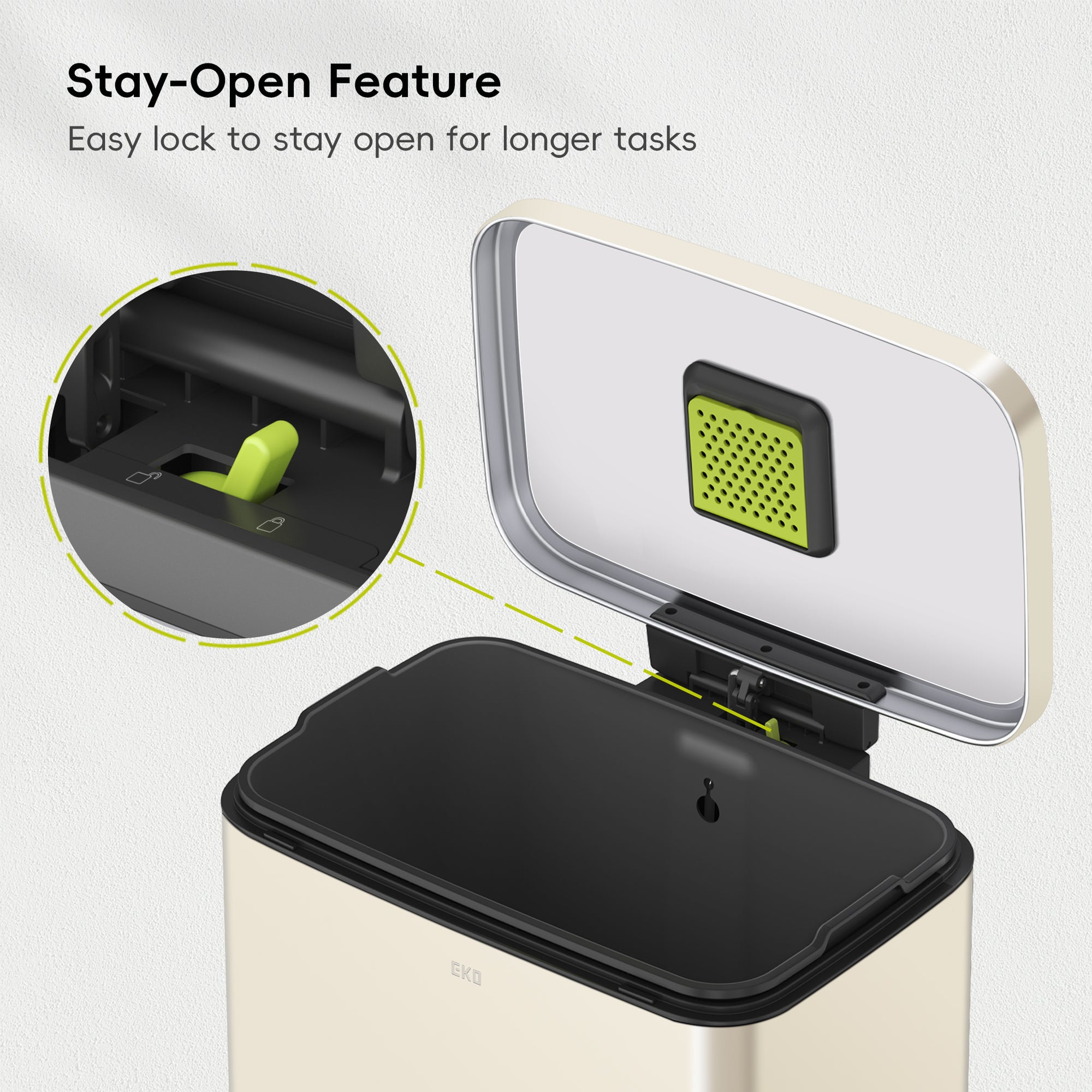 EKO Madison Vanilla Steel 50 Liter/13.2 Gallon Step Trash Can with Inner Liner – Stay-Open Feature- Easy lock to stay open for longer tasks