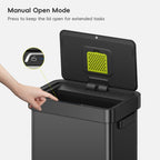 A hand interacts with an EKO trash can lid. Text labels this process: "Manual Open Mode. Press to keep the lid open for extended tasks."