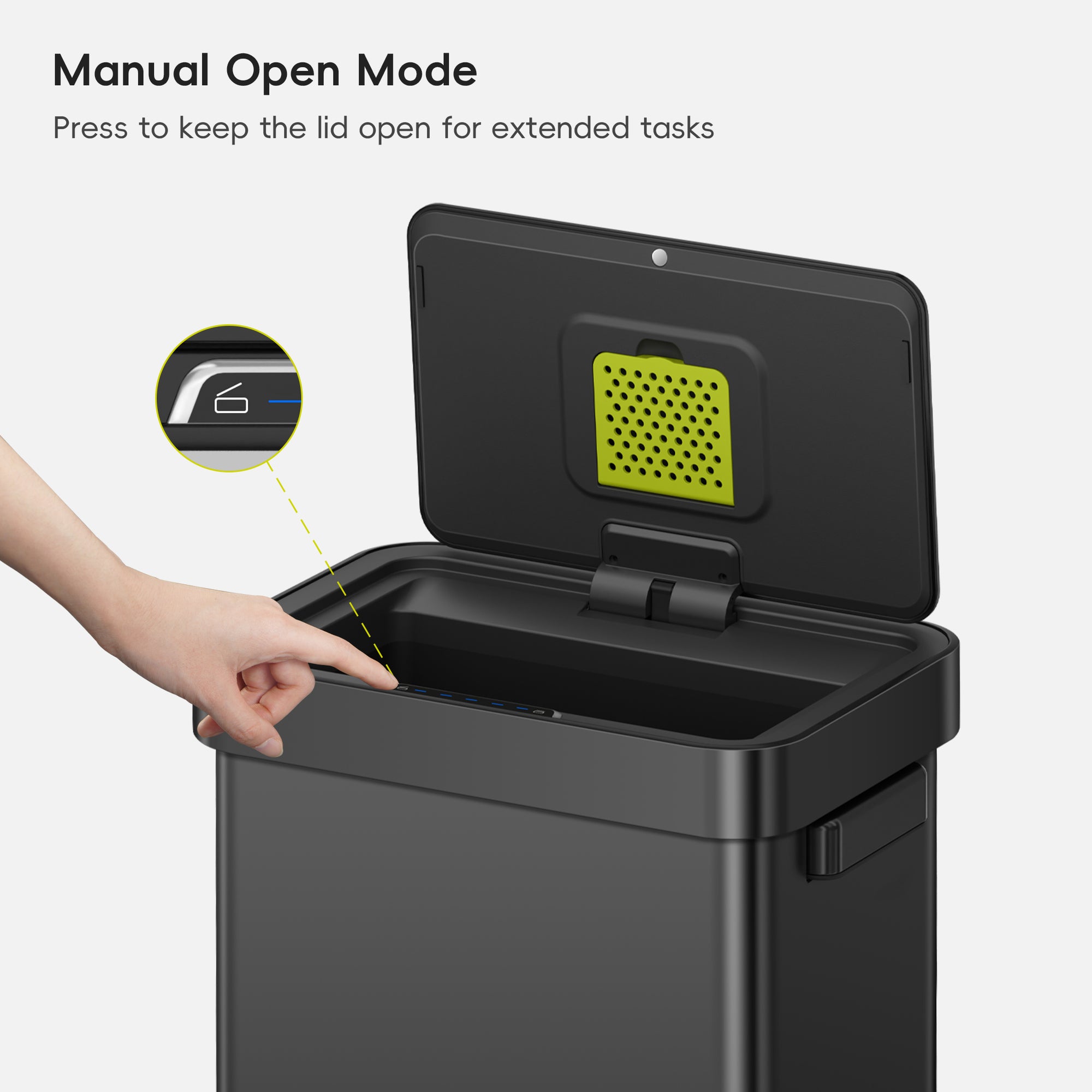 A hand interacts with an EKO trash can lid. Text labels this process: "Manual Open Mode. Press to keep the lid open for extended tasks."