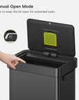 A hand interacts with an EKO trash can lid. Text labels this process: "Manual Open Mode. Press to keep the lid open for extended tasks."