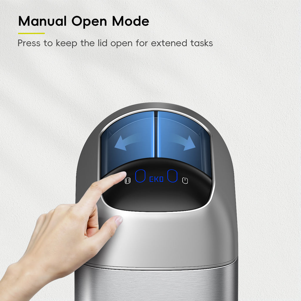 EKO Astro 10L / 2.6 Gallon Slim Sensor Trash Can with Butterfly Lid-Matte Stainless Steel – Manual Open Mode